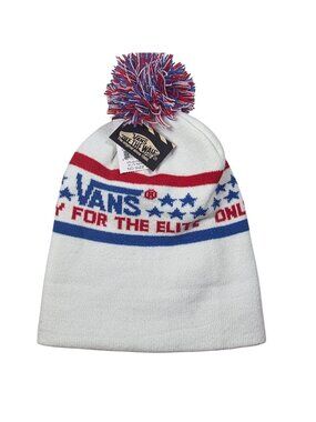 Vans Elite Beanie White Red Blue Knit Pom Hat. OS